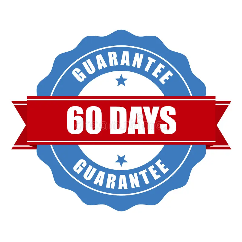 A golden 60-day 100% money-back guarantee seal ensuring a risk-free purchase option for direct response customers.